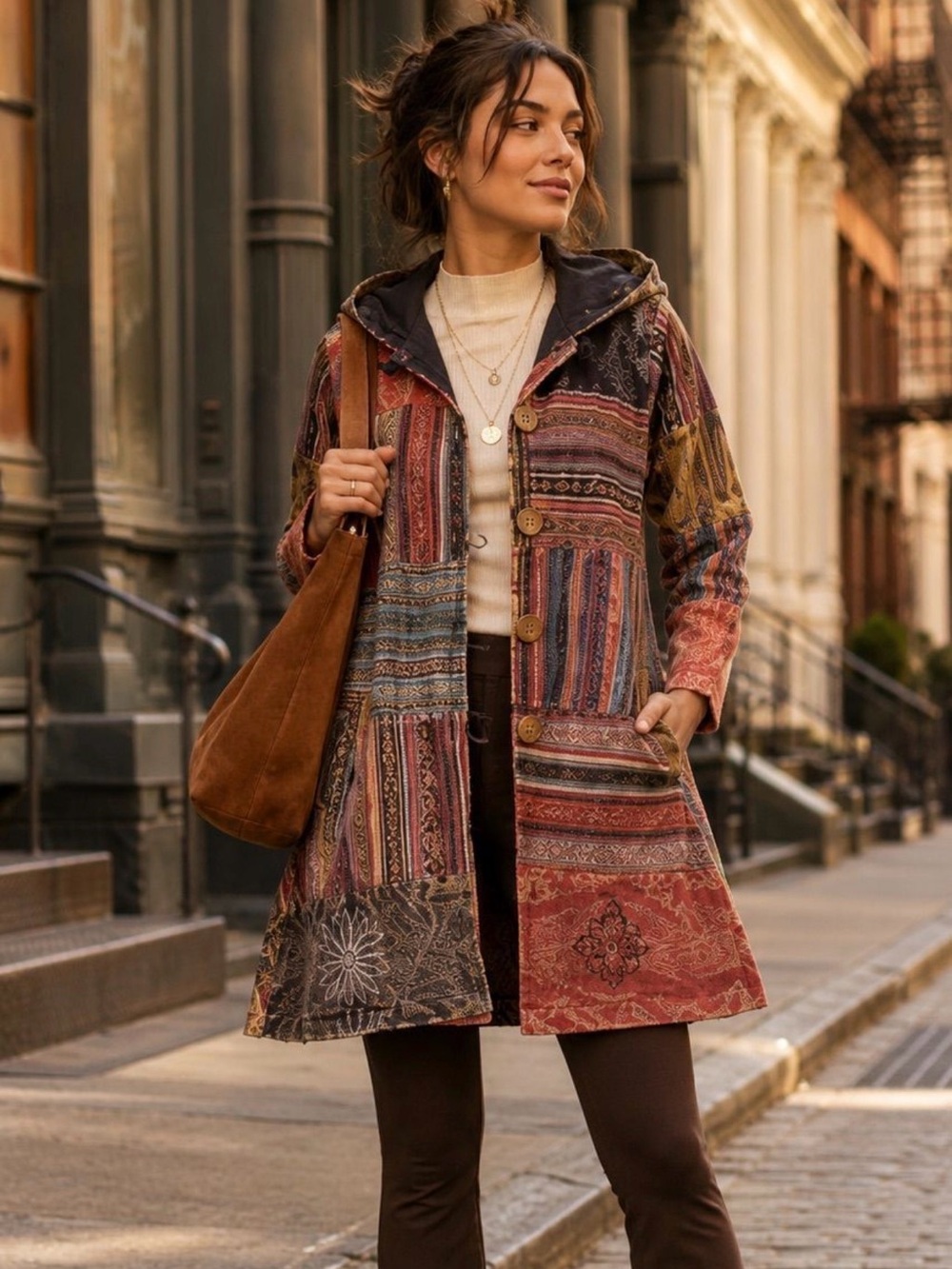 888. Boho Patchwork Hooded Coat - Rust Multi